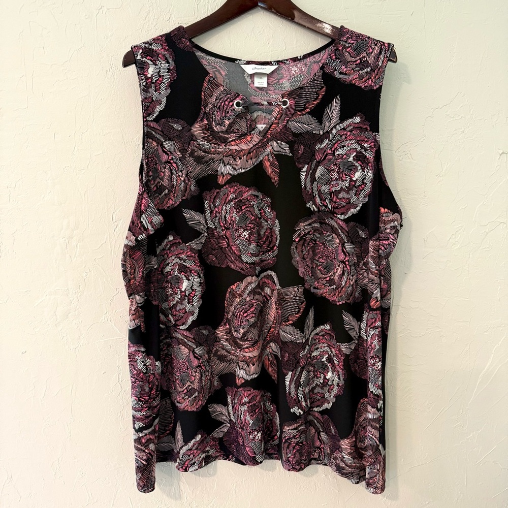 CJ Banks-Sleeveless Top-Stretchy-Black/Rose Floral Pattern-Textured-Size 2X-NWT